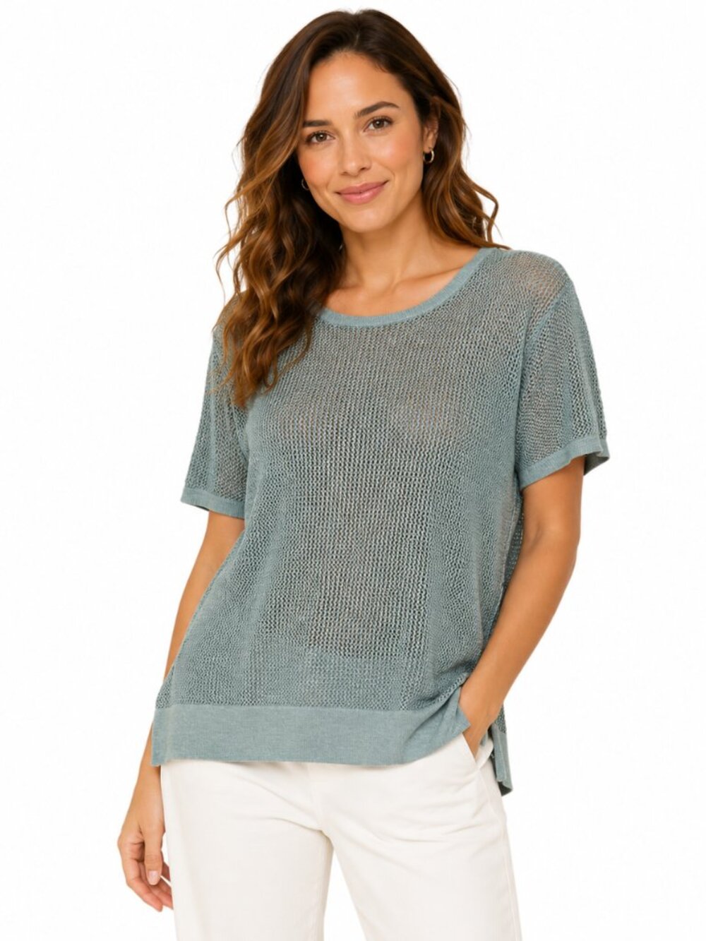 NWT Chico’s Turquoise &Metallic Silver Short Sleeve Open Weave Sweater S…